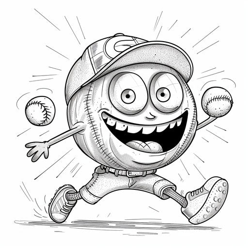Whimsical baseball character running bases.