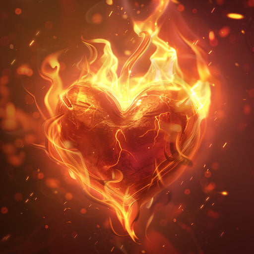 A fiery heart in emotionally complex, vibrant cartoon style