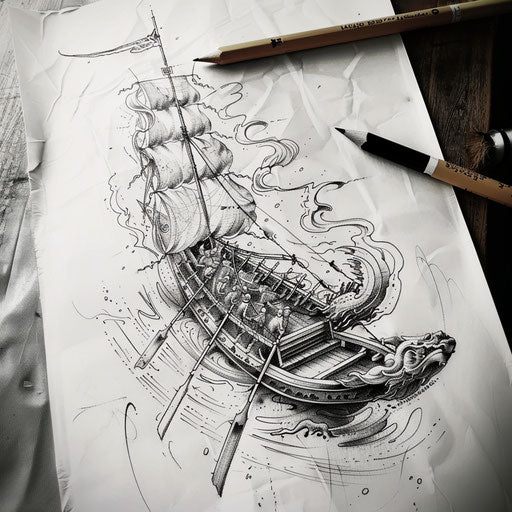 Sketch of sophisticated art tattoo of an ancient galley with rowers in a classical style