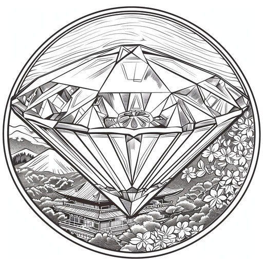 Diamond with traditional Japanese motifs, Hosoda style, coloring page