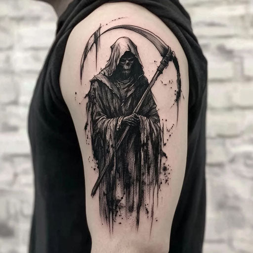 Upper arm tattoos for men with a Grim Reaper holding a scythe