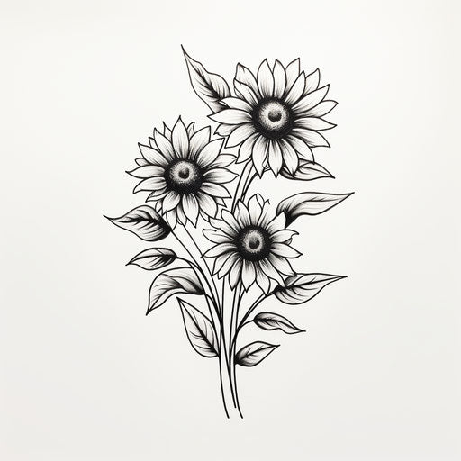 Drawings of sunflowers in black and white, minimalist tattoo style