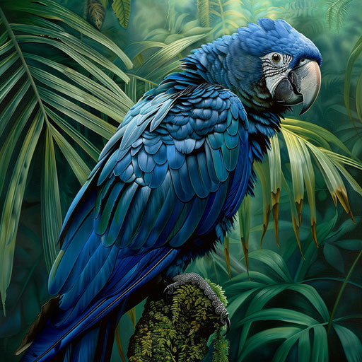 Striking contrast of a Spix's macaw’s blue plumage against the deep greens of the rainforest