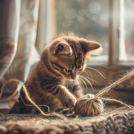 Brown cat playing with yarn