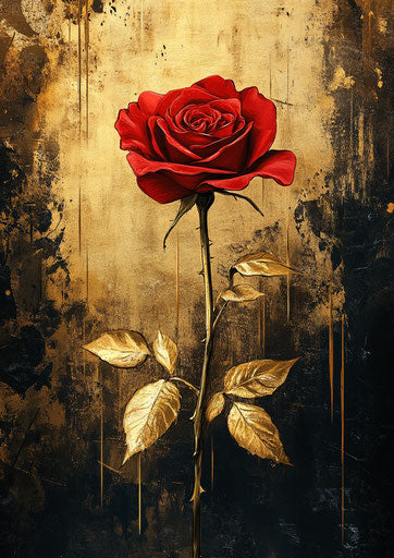 Red rose with golden leaves, aura of romance and elegance