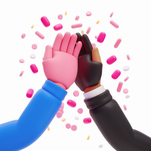 High five - icon of hands in blue and black with pink pills