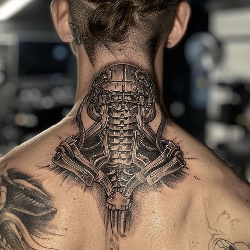 Men's neck tattoo with cybernetic and futuristic elements