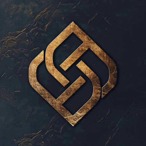 Graphic design logo with a minimalist monogram and gold accents, on a dark navy background