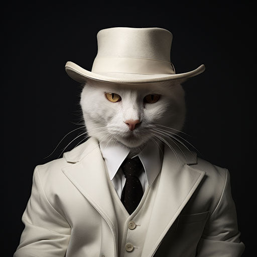 White cat dressed as a man