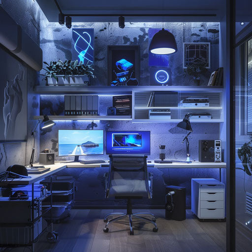 Tech-savvy home office with latest gadgets and adjustable lighting