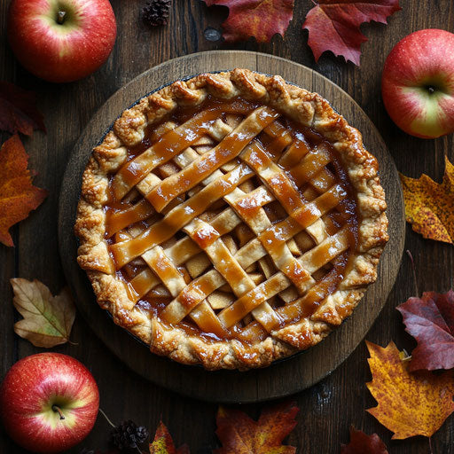 Apple pie with caramel, autumn leaves and fresh apples