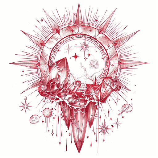 Celestial tattoo sketch of a ruby with a halo of stars