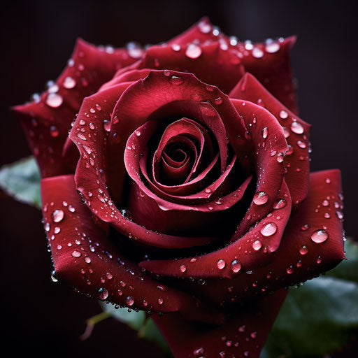 Red rose with water drops in dark pink and maroon style