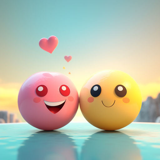 Two happy lovable balls in a bright colorful sky