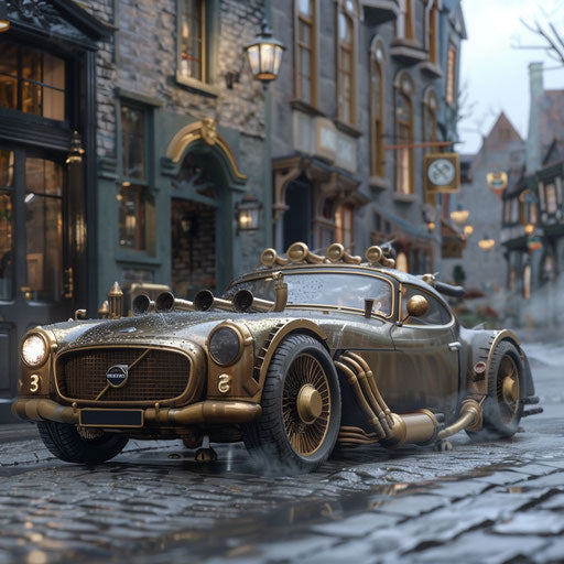 Steampunk reimagining of a 1966 Volvo P1800 in an old Victorian town