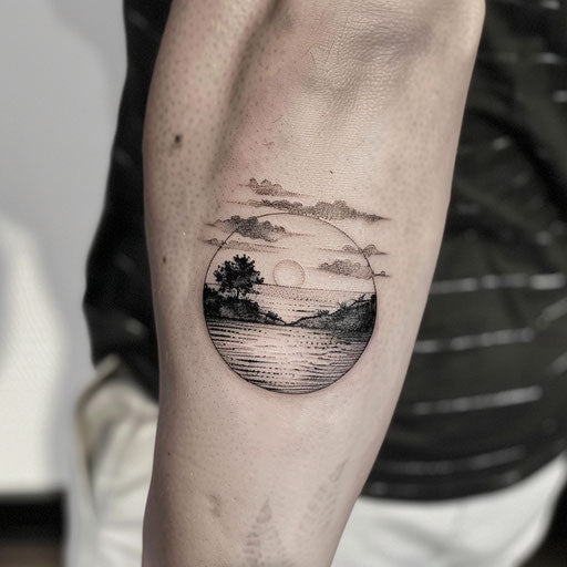 Detailed black and grey sunset tattoo on white background