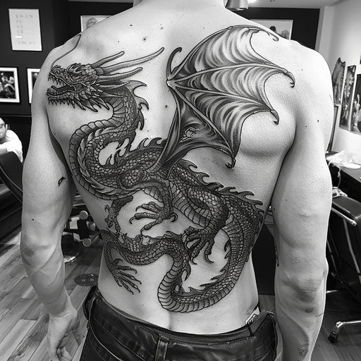 Dragon lower back tattoo, in the style of Guy Aitchison