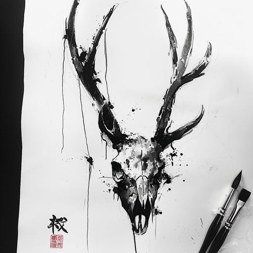 Japanese inked deer skull in soft brush strokes