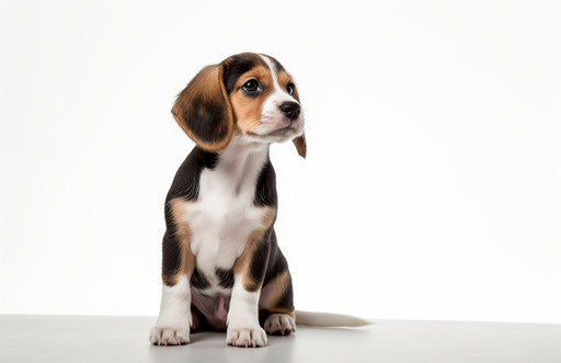 Beagle puppy looking up on white background