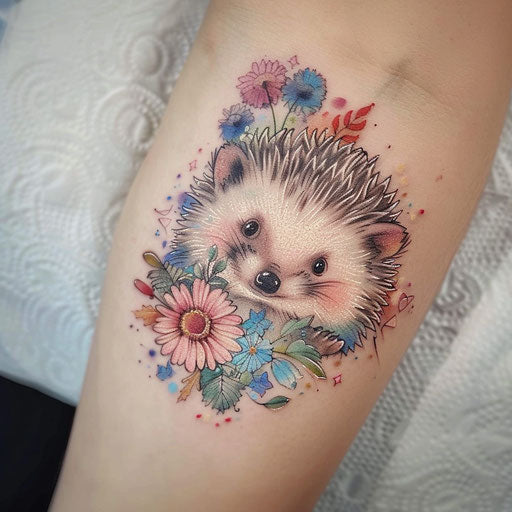 Pastel-colored tattoo sketch of a hedgehog