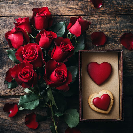Red roses and heart-shaped cookie on wooden table