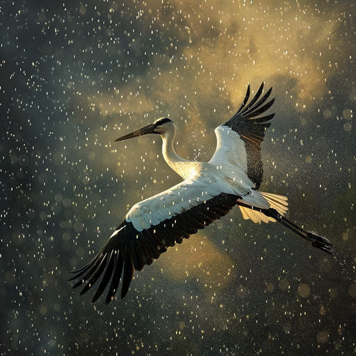 Flight of a wood stork in a rainy and stormy sky