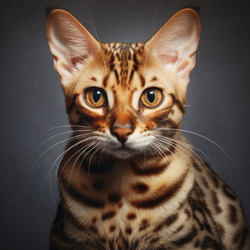 Bengal cat gazing into the camera, light orange and light maroon style