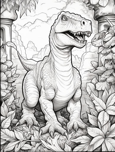Dinosaur in front of an arch in the weeds in black and white