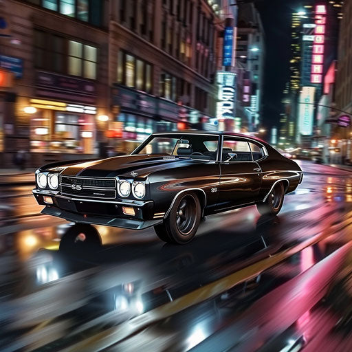 1977 Chevelle gliding through neon-lit city street with sleek matte black finish at night.