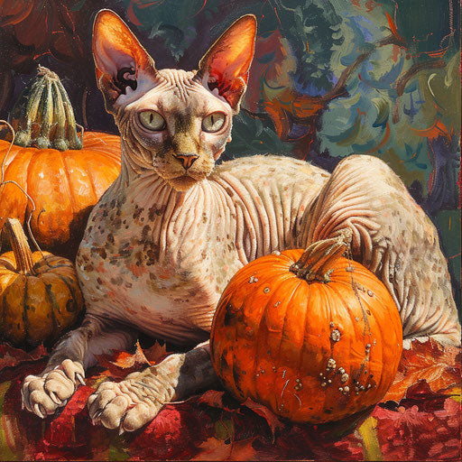 Cornish Rex cat resting with pumpkins