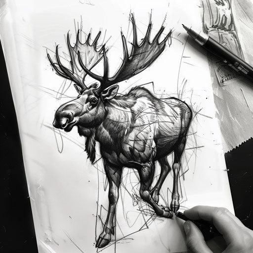 Bold sketch of a moose with dramatic shadows