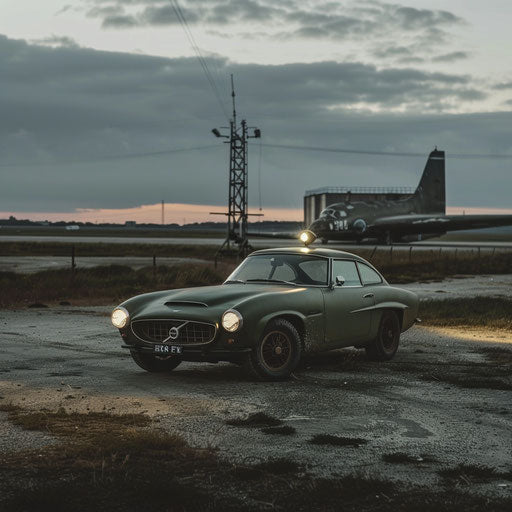 1966 Military-themed Volvo P1800 with matte green paint on abandoned airfield