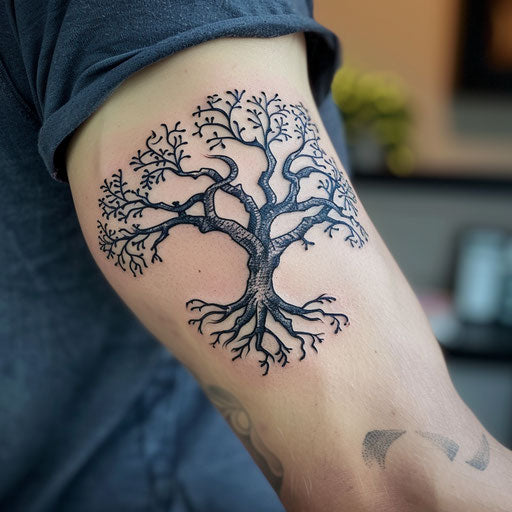 Bicep tattoo of an Elvish tree, in the style of Peter Jackson, on the bicep