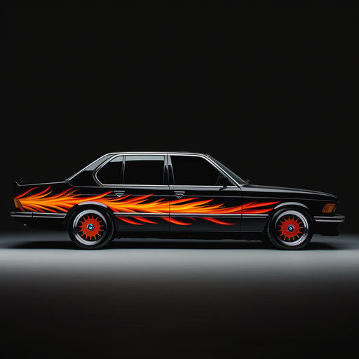 Classic BMW 7 series with flame decals