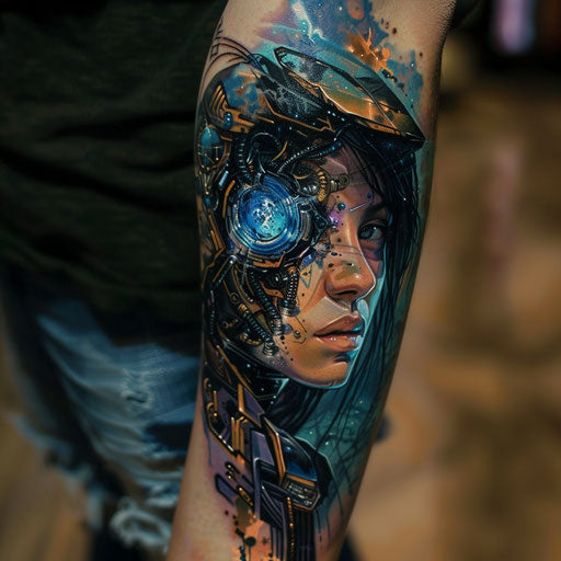 Futuristic sister tattoos with cybernetic elements