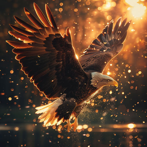 Bald eagle with wide wings, golden light, Ashraful Arefin style