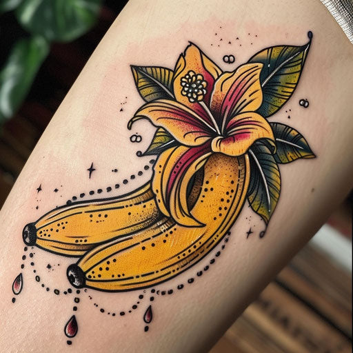 Neo-traditional flat tattoo sketch of a banana with botanical embellishments