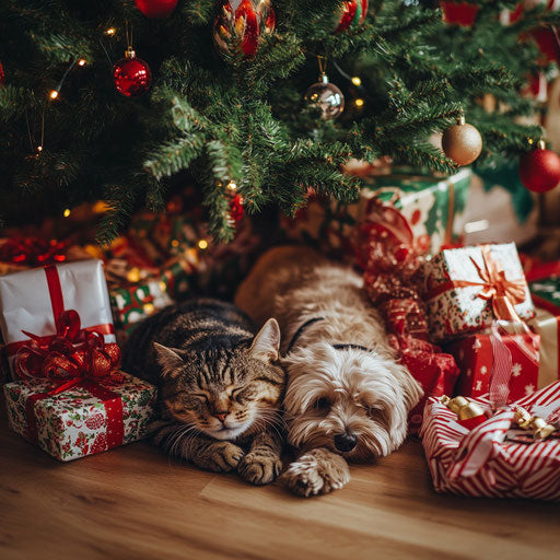 A cat and dog cuddled together by a Christmas tree