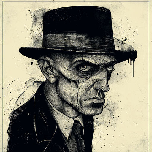 Eerie flat tattoo sketch of a ghostly Russian mafia figure, muted blacks and whites, clipart style