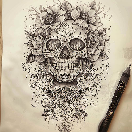 Elegant flat tattoo sketch of a Calavera adorned with intricate floral lace designs