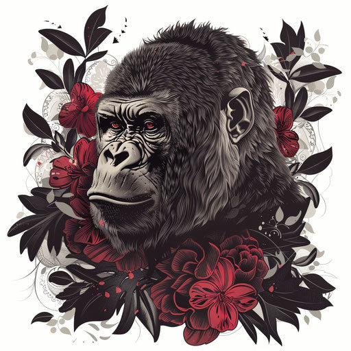 Art nouveau inspired gorilla tattoo illustration with elegant floral motifs on white background