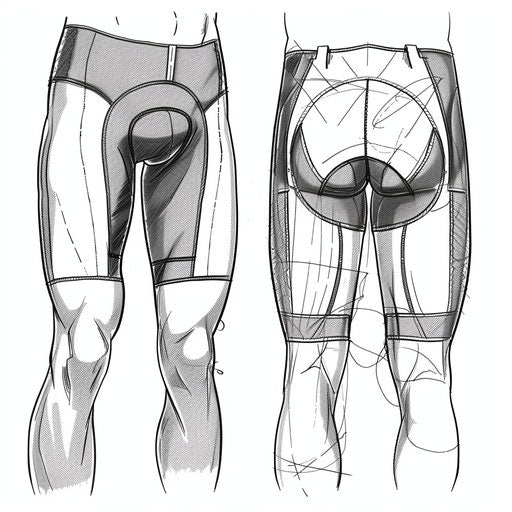 Cycling shorts with a padded seat, technical drawing in black and white.