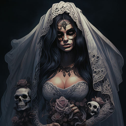 Bride with skulls in arms, royal art illustration