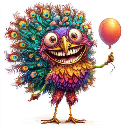 Humorous drawing of a peacock feather with human characteristics