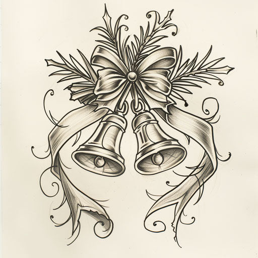 Flat tattoo sketch of wedding bells with a beautiful ribbon and holly