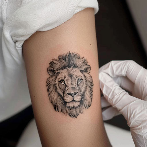 Small tattoo of a lion, in the style of Ami James