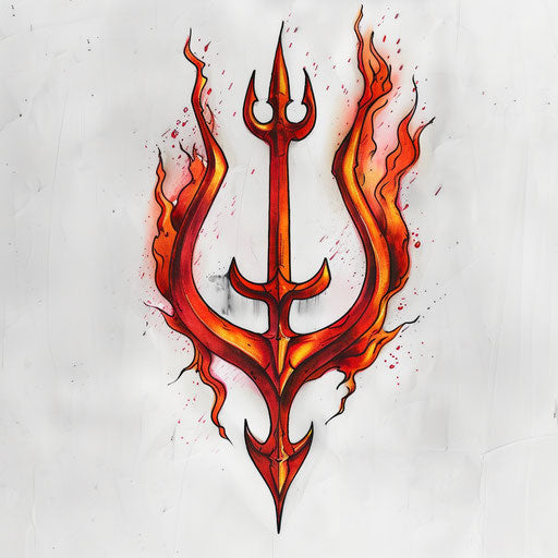 Fiery red and orange trident tattoo on white background