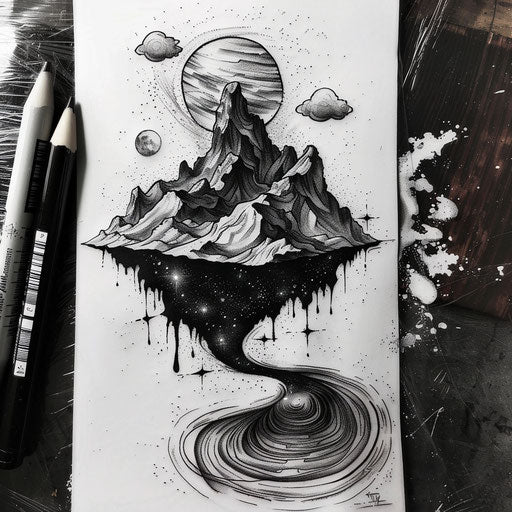 Surreal flat tattoo sketch of a landscape with obsidian mountains under a starry sky