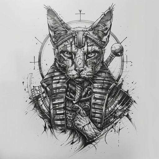 Bold and dark tattoo sketch with Bastet holding the Ankh, symbol of life