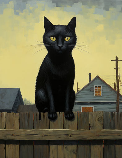 A black cat on a fence, in the style of rotcore, stonepunk, icepunk, pantonepunk 24:31